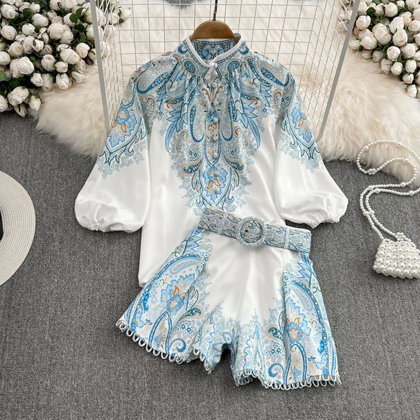 Women's Premium Selection Fashion Set Stand Collar Loose Lantern Sleeve Position Print High Waist Two Piece Shirt_ecoleips.com