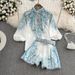 Women's Premium Selection Fashion Set Stand Collar Loose Lantern Sleeve Position Print High Waist Two Piece Shirt_ecoleips.com
