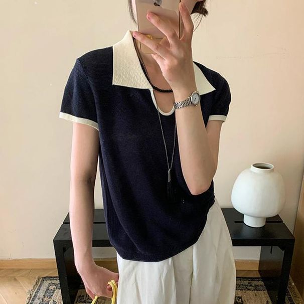 Summer New Style Women's Collared Color Block Knitted Top Short Sleeved T-Shirt Chic And Stylish_ecoleips.com