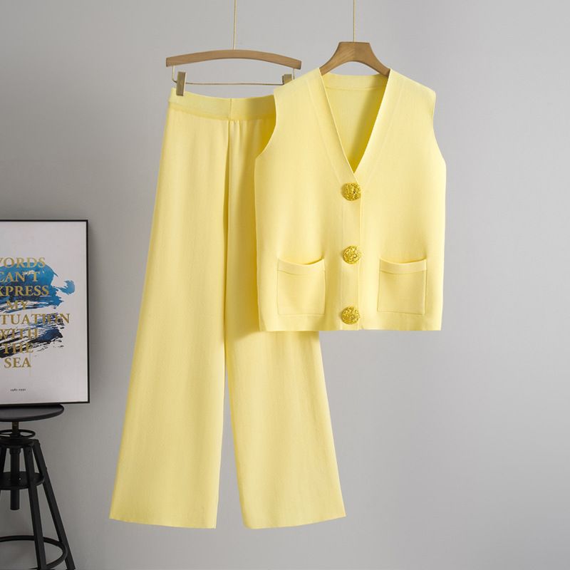 Fashion Suits For Women Summer New European And American Sleeveless Large Button Sweater Top Straight Wide Leg Pants Two Piece Suit_ecoleips.com