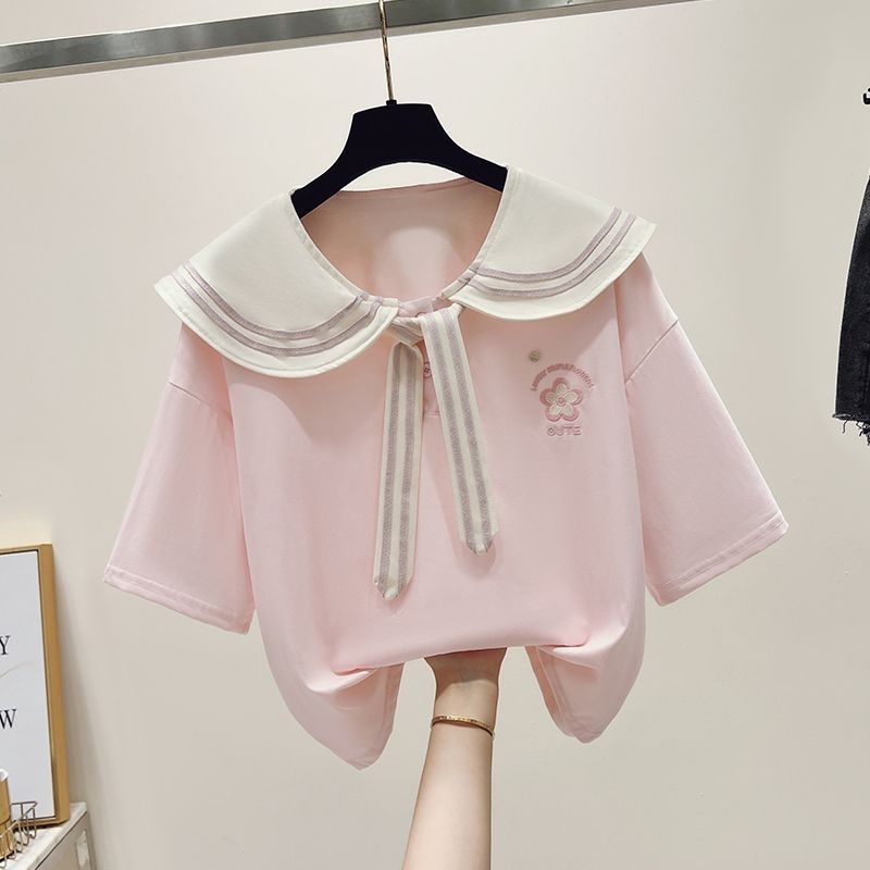 Women's Clothing Fashionable Women's Preppy Style Set With Navy Collar Top And Embroidered Ethnic Short Sleeve Shirt Trendy Style Jeans_ecoleips.com