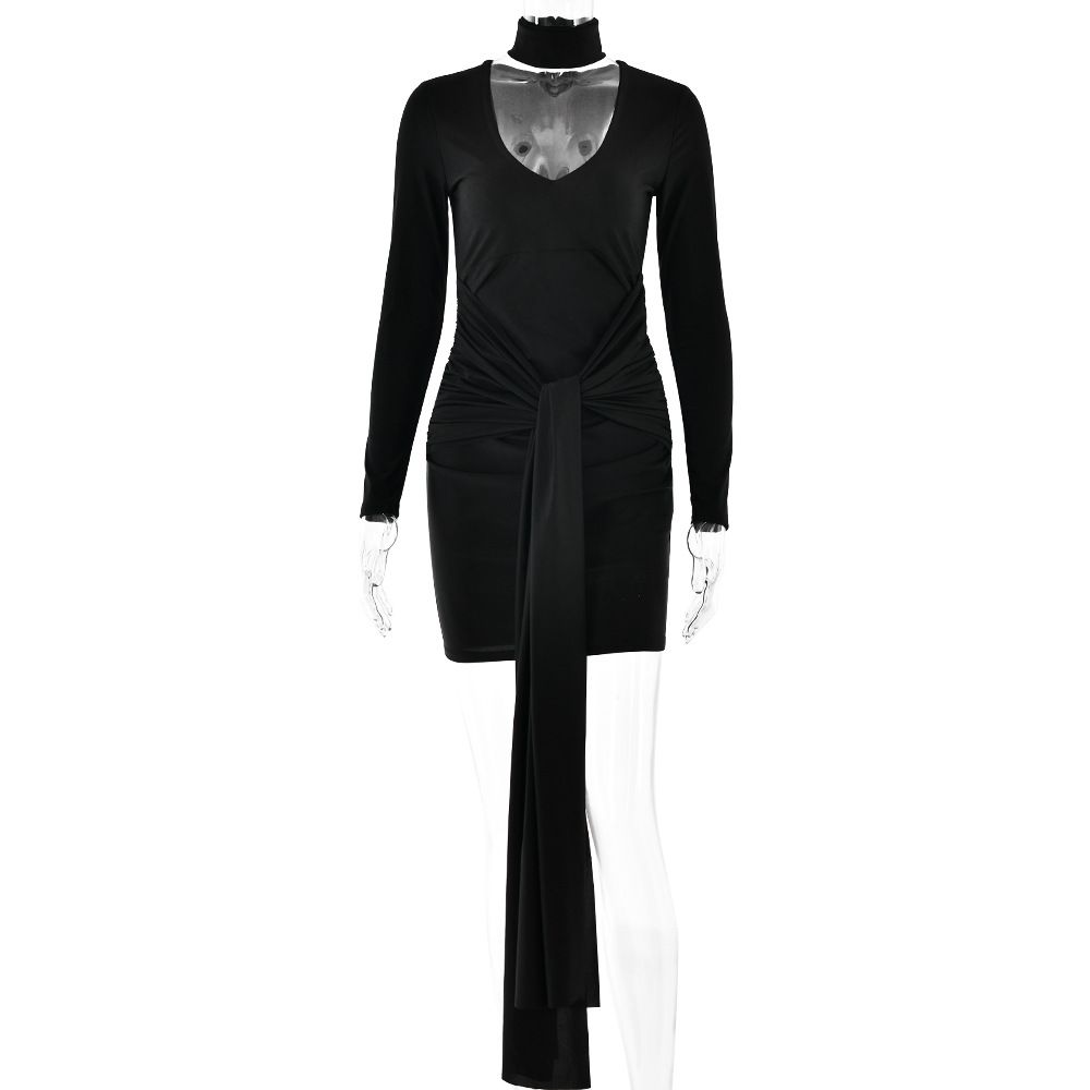 Sexy Women Deep V‑Neck Long Sleeve Patchwork Dress Slim Fit Bodycon Tie Strap Short Mini Party Dress_ecoleips.com