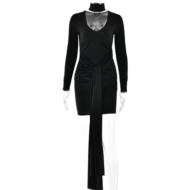 Sexy Women Deep V‑Neck Long Sleeve Patchwork Dress Slim Fit Bodycon Tie Strap Short Mini Party Dress_ecoleips.com