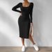 Women's Sexy Square Neck Long Sleeve Side Slit Bodycon Midi Dress – Fall Winter Club Gown_ecoleips.com