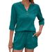 Women's Clothing Spring And Summer New Solid Color V Neck Mid Sleeve Loose T Shirt Pocket Shorts Suit_ecoleips.com