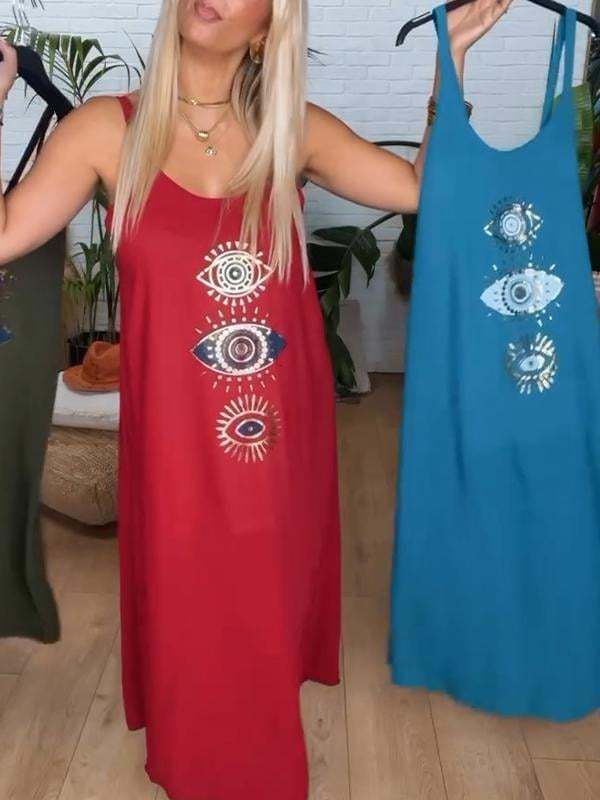Women's Clothing Golden Sun Print Long Vest Dress For Women Elegant Casual Maxi Dress_ecoleips.com