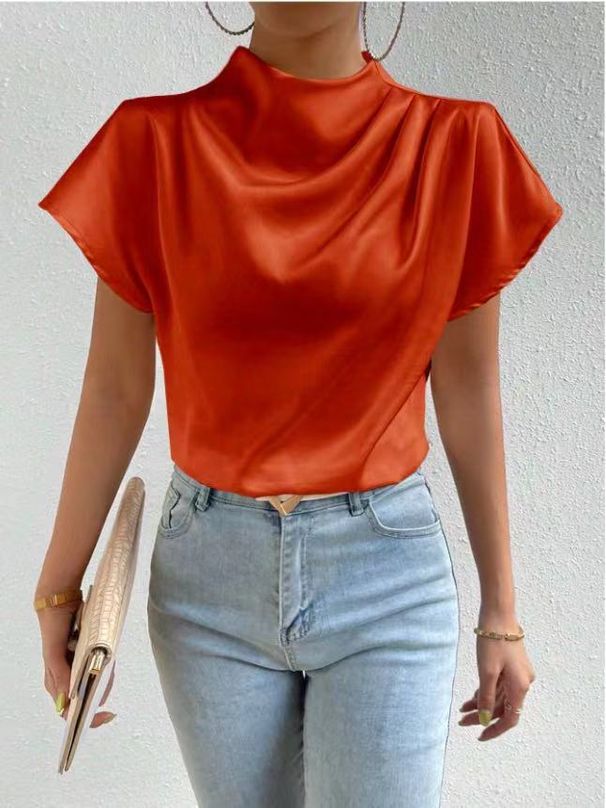 Women's Top 2025 New Round Neck Short Sleeve Left Shoulder Pleated T Shirt Satin_ecoleips.com