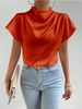 Women's Top 2025 New Round Neck Short Sleeve Left Shoulder Pleated T Shirt Satin_ecoleips.com