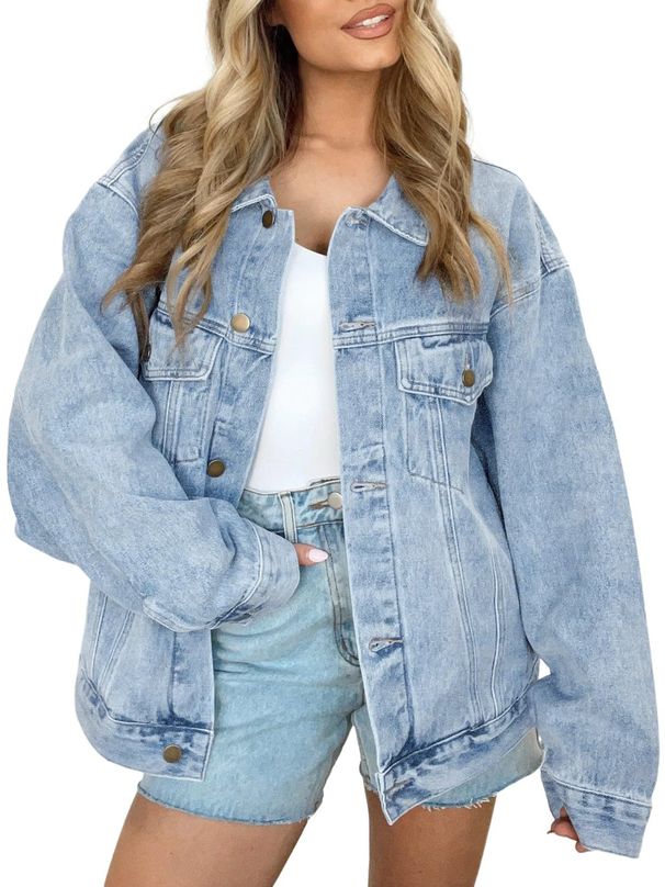 Women's Long Sleeve Denim Jacket Oversized Button Fashion Coat Spring Outerwear For Ladies_ecoleips.com