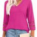 Loose-Fitting V-Neck Knit Sweater With 7/10 Sleeves, Casual Top Featuring A Perforated Design_ecoleips.com