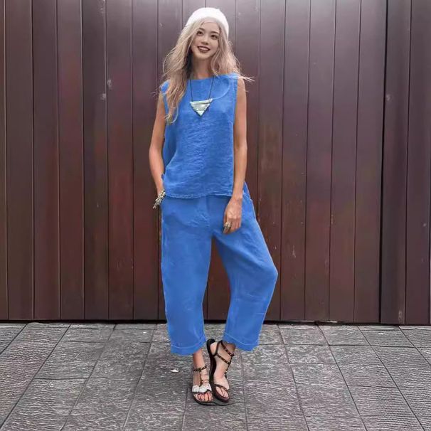 Women's Clothing Loose Cotton Linen Sportswear Set Plus Size Casual Sleeveless Long Pants For Women Spring Summer Fashion_ecoleips.com