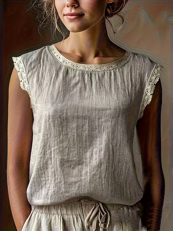 Women's round Neck Lace Sleeveless Cotton Linen Shirt Loose Fitting Solid Color European And American Style Spring/Summer New Arrival_ecoleips.com