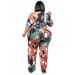 Plus Size Off-Shoulder Floral Print Jumpsuit With Belt, Wide Leg Knit Romper, Five-Sevenths Sleeve Comfortable One-Piece Outfit For Women_ecoleips.com