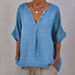 Women’s Clothing Spring New Women's Casual Loose Fashion Mid Sleeve Cotton And Linen Solid Color Door Tube V Neck Button Shirt_ecoleips.com