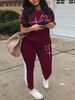 Women's Casual Sports Two Piece Set Short Sleeved Crew Neck Top Elastic Waist Pants Side Color Blocked Pocket_ecoleips.com