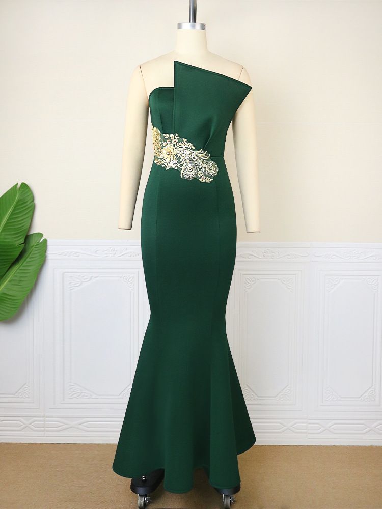 Women's Clothing Embroidery Element One Shoulder Sleeveless Fishtail Skirt Temperament Banquet Host Bridesmaid Dress_ecoleips.com