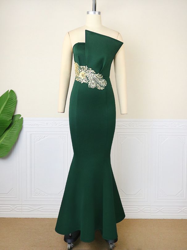 Women's Clothing Embroidery Element One Shoulder Sleeveless Fishtail Skirt Temperament Banquet Host Bridesmaid Dress_ecoleips.com