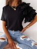 Women Summer Ruffles Short Sleeve Loose T Shirt Chic Elegant Solid O Neck Tops Casual Simple All Match Tee Streetwear Blouse_ecoleips.com