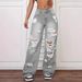 Distressed Denim Jeans For Women - High Waist Straight Leg Ripped Jeans With Vintage Wash In Blue & Grey_ecoleips.com