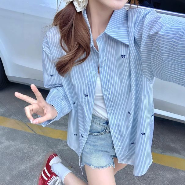 Women's Striped Shirt Korean Style Loose Fit Casual Long Sleeve Spring Summer Top Jacket New Style_ecoleips.com