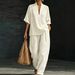 Summer Women's Suit Set V Neck mid Sleeve Wide Leg Pants Loose Relaxed Style Two Piece Cross Border E Commerce_ecoleips.com