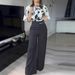 Women's Clothing Retro Black Satin Full Body Floral Trumpet Sleeve Top Suit High Waist Casual Commuter Trousers_ecoleips.com