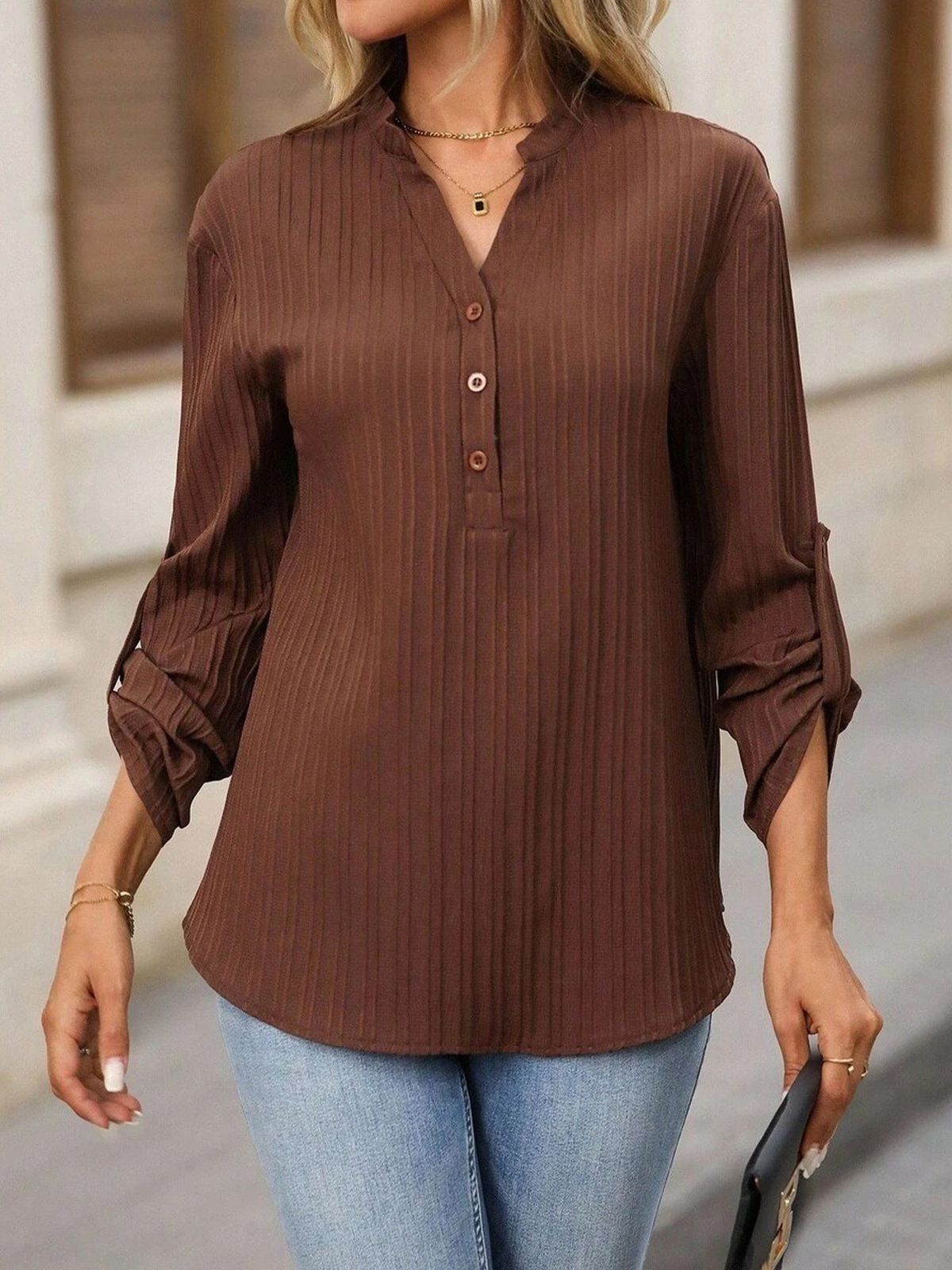 Women's V Neck Half Open Button Shirt Versatile Stylish Top For Hot Selling_ecoleips.com