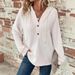 Women's Hooded V-Neck Long Sleeve Waffle Knit Pullover Sweatshirt Casual Sports Drawstring Button Detail Elegant Fashion Polyester_ecoleips.com