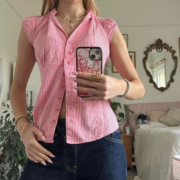 Women's Clothing New Red And White Plaid Short Sleeved Shirt For Women French Puff Sleeves Loose Versatile Tops_ecoleips.com
