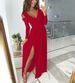 Women's Spring Long-Sleeved V-Neck Solid Color Dress With Splitting At The Hem_ecoleips.com