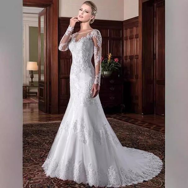 Elegant Slimming Lace Mermaid Wedding Dress with Open Back round Neck Long Sleeve 2024 Style for Travel Photography_ecoleips.com
