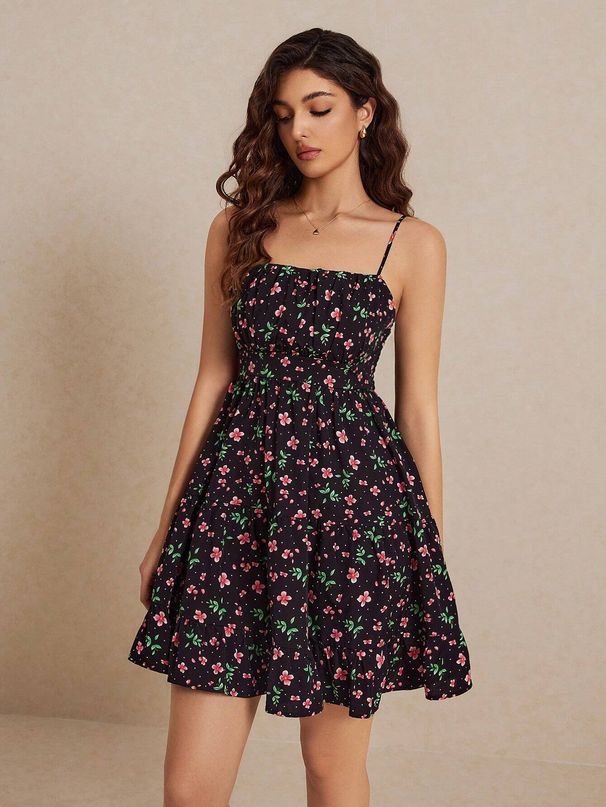 Elegant Floral Slim-Fit Ruched Cami Dress Exquisite Craftsmanship Versatile Perfect For Daily Commute Dates & Trips_ecoleips.com