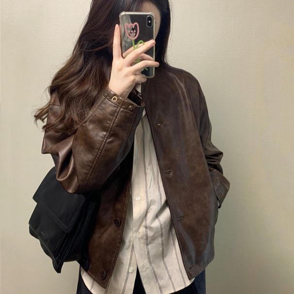 Aria Basics American Style Brown For Women Petite Spring And Autumn New Retro Stand Collar Short Motorcycle PU Leather Jacket_ecoleips.com