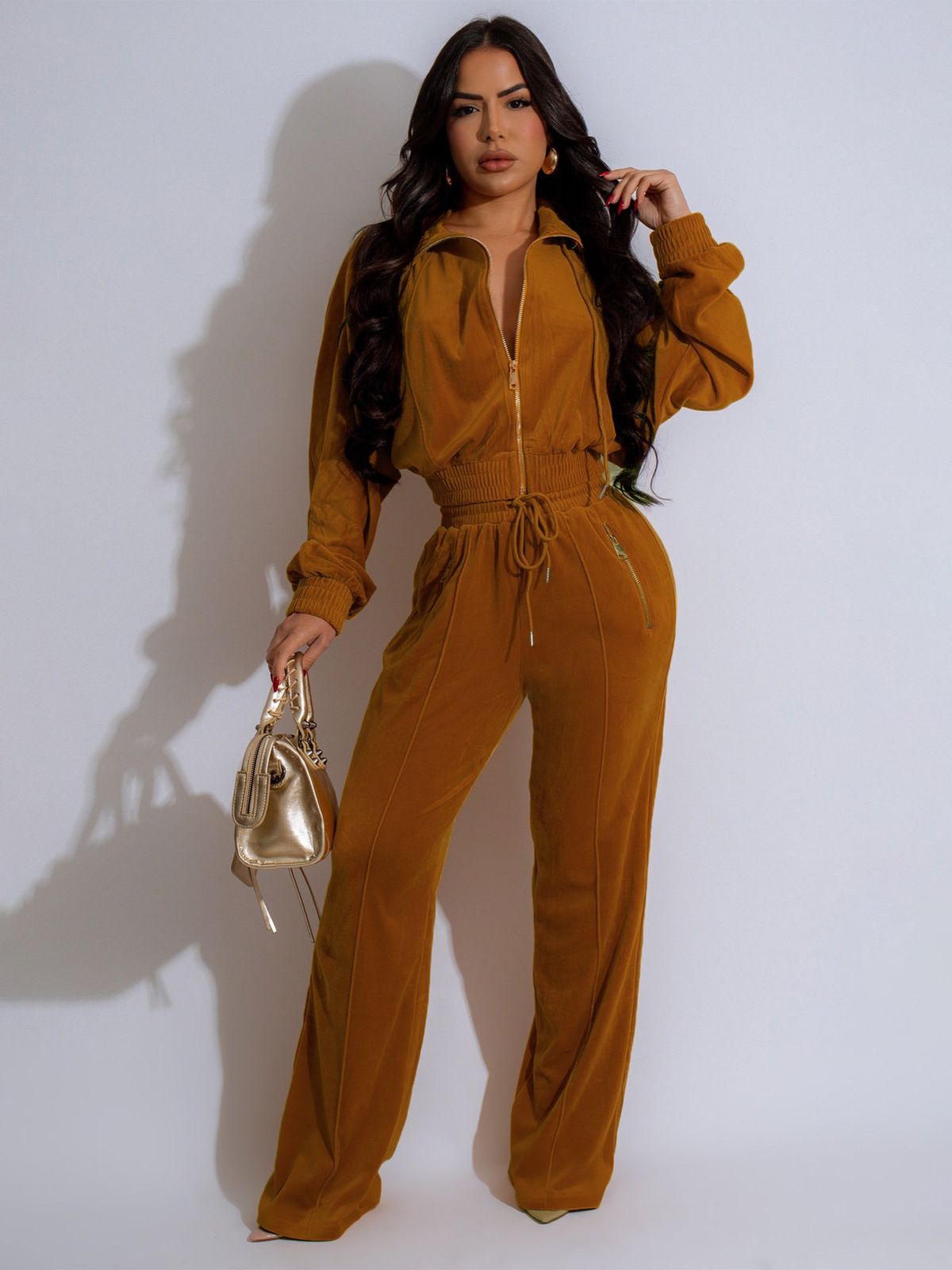 Women's Clothing Women's Winter Fashion Long Sleeve Lapel Zipper Cardigan And Trousers Two Piece Suit European And American Style_ecoleips.com