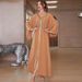 Women's Clothing Khaki Hand Stitched Diamond Middle East Southeast Asia Travel Sleeve Dress_ecoleips.com