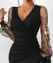 Elegant Floral Embroidered Bodycon Midi Dress With Sheer Mesh Sleeves And V-Neckline - Stylish Button Detail, Knee-Length For Wo_ecoleips.com