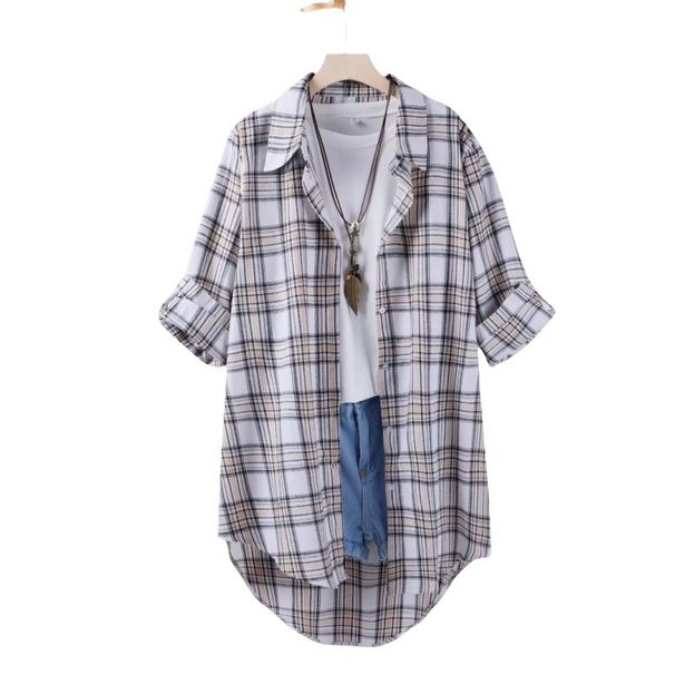 Spring Casual Fashion Long-Sleeved Shirt With Flipped Collar And Checkered Pattern For Women In Large Sizes_ecoleips.com