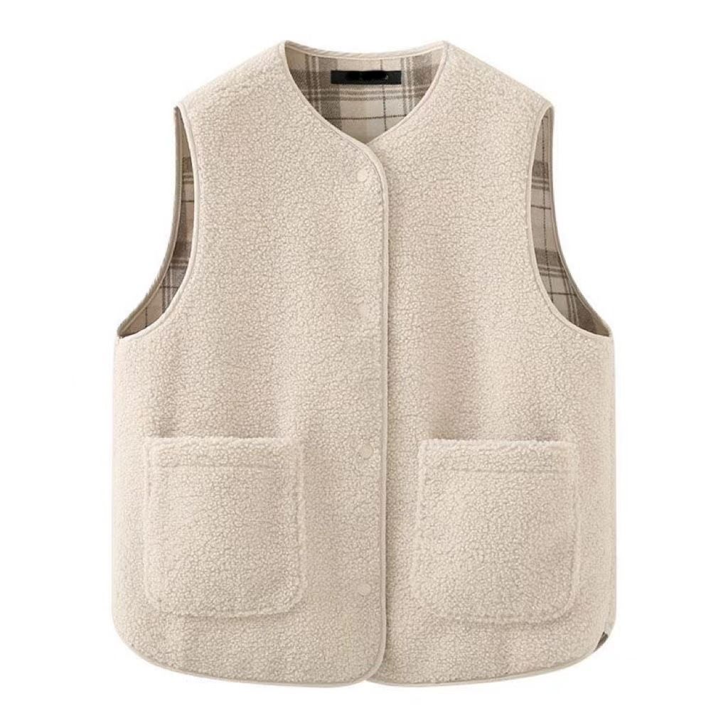 Reversible Plaid Fleece Vest For Women – Lightweight & Warm Double-Sided Wear With Pockets (Cream, Black, Navy, Brown, Orange Red, Gray)_ecoleips.com