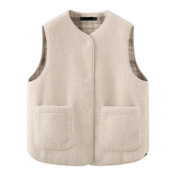 Reversible Plaid Fleece Vest For Women – Lightweight & Warm Double-Sided Wear With Pockets (Cream, Black, Navy, Brown, Orange Red, Gray)_ecoleips.com