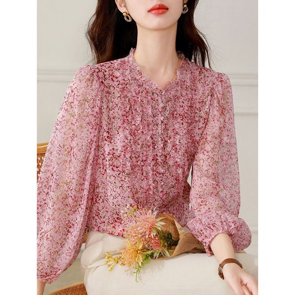 Pink Floral Women, 2025 Spring-summer New High-end Shirt, Mulberry Silk Pink Dopamine Blouse For Women_ecoleips.com