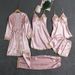 Women's Clothing ladies' pajamas bra pads Gold five piece set simulated silk dress sexy suspender skirt long sleeved nightgown home clothes_ecoleips.com