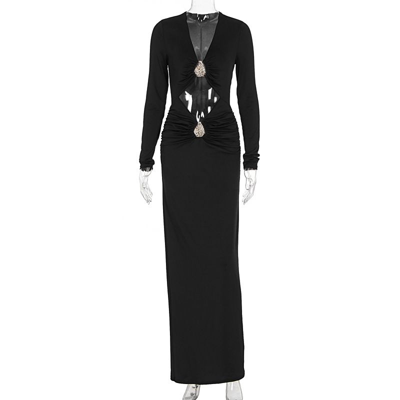 Fashion Elegant Women Long Dress Hollow Out Slim Fitted Long Sleeve Casual Daily Formal Party Long Dress For Female 2024 New Arrival_ecoleips.com