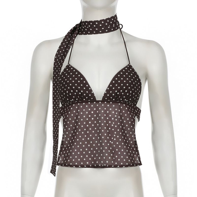 Sweet And Spicy Polka Dot Print V Neck Back Tie Halter Top for Women Slimming Hot Girl Style_ecoleips.com