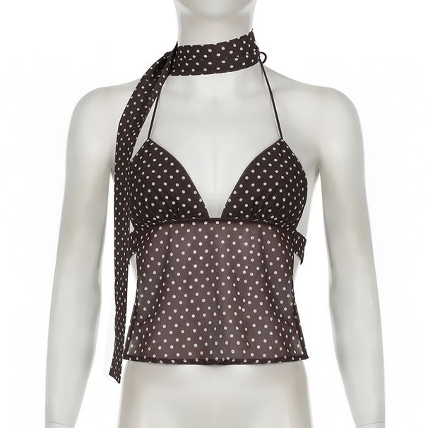 Sweet And Spicy Polka Dot Print V Neck Back Tie Halter Top for Women Slimming Hot Girl Style_ecoleips.com