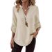 Women's Casual Loose V Neck Shirt Plus Size Solid Color Spring Summer American Style Top_ecoleips.com