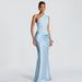 Elegant Satin Long Dress for Women High Waisted One Shoulder Asymmetrical Neckline Pleated Slim Fit Bodycon European American Style_ecoleips.com