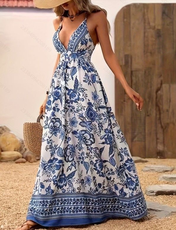 Women's Clothing Fashion Elegant Deep V Neck Back Cross Long Printed Dress_ecoleips.com