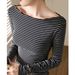 2025 High End One Neck Striped T-Shirt For Women, Long Sleeved 2025 Autumn And Winter New Style, Slim Fit Pure Cotton Base_ecoleips.com