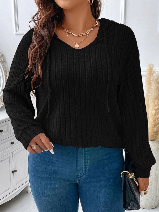 Women's Large Size V Neck Hooded Long Sleeve Striped Brushed T-Shirt Solid Color Loose Top for Autumn Winter New 2025_ecoleips.com