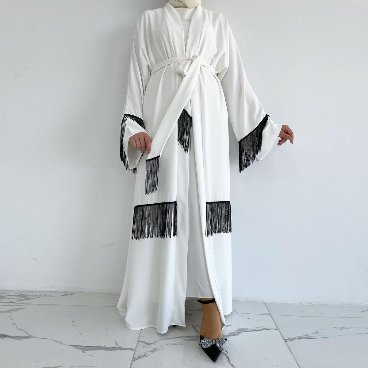 Muslim Dress Women Elegant Middle Eastern Abaya Jacket – Embroidered Tassel Detail Modest Muslim Women’s Fashion_ecoleips.com
